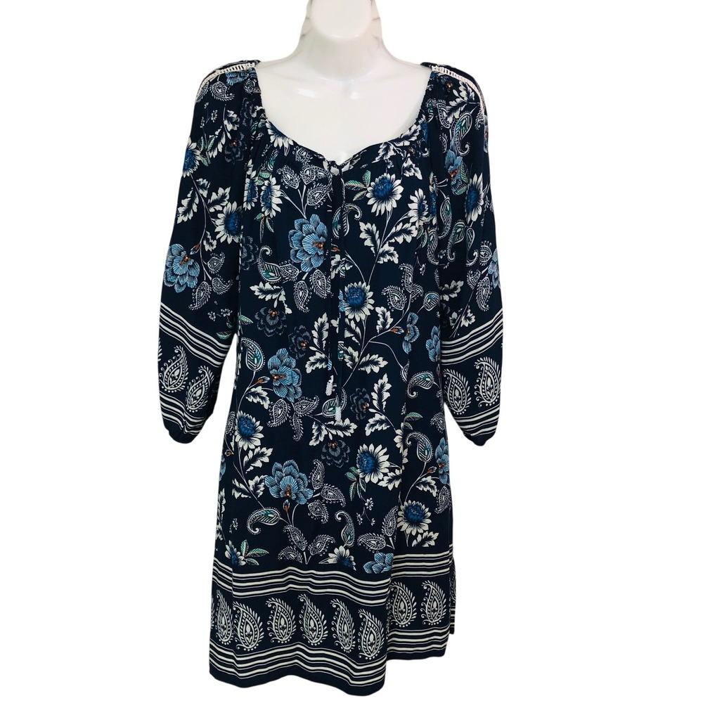 Walker & Wade Peasant Mini Dress Boho Artsy Coastal Navy Floral Paisley Size XS